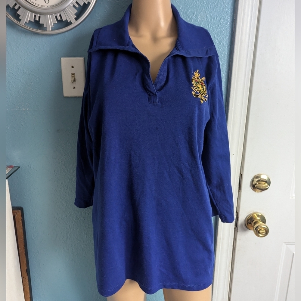 Blue Long Sleeve Polo Shirt with Embroidered Crest